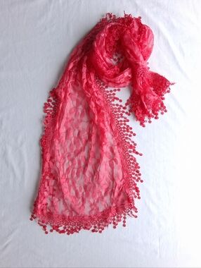 Scarf Floral pink Sheer Silk and cotton lace made in Italy Long Rectangular